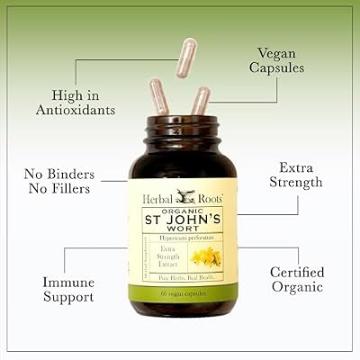 Herbal Roots Organic St Johns Wort Capsules | 450 mg per Serving | No Binders or Fillers Non GMO | 60 Vegan Capsules