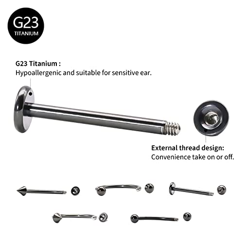 8Pcs Titanium Black Lip Labret Stud Tongue Rings Tragus Helix Daith Rook Cartilage Earrings Body Piercing Barbells 6Mm/8Mm/10Mm/12Mm #TOP2