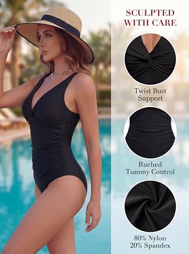 Image of Smismivo Women's Tummy Control Swimsuit One Piece Slimming Ruched Push Up Bathing Suit Vintage Padded Retro V Neck Swimwear