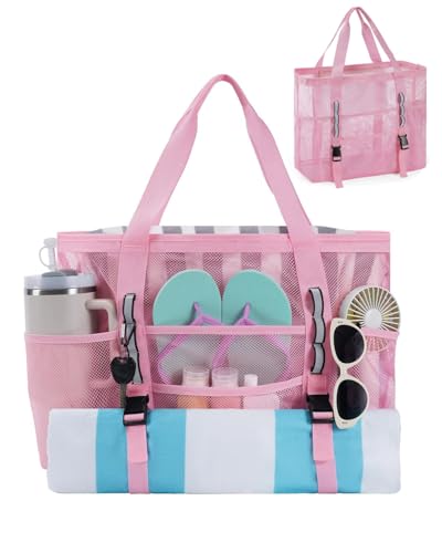 WANDF Mesh Beach Bag for Women Large Beach Tote Bags with 40oz Tumbler Side Pockets Family Pool Bag for Swim Toys Towels Cruise Vacation Essentials (Pink)