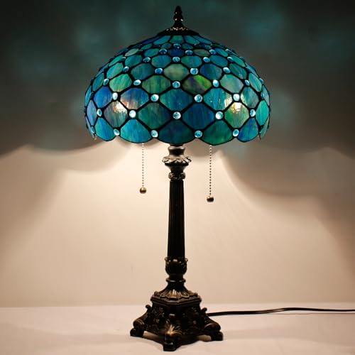 Image of 12 Inch Tiffany Stained Glass Lamp Shade Replacement Only (Blue) | Stained Glass Style Lampshade with Cap fit for Table lamp Pendant Light Ceiling Fixture