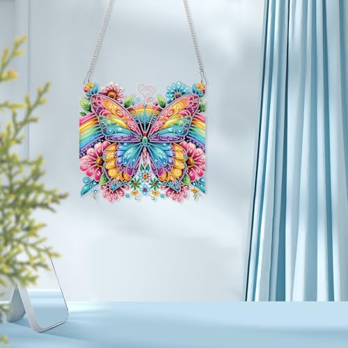 Image of AiYuanzsh Oversized Diamond Art Suncatcher Kit Rainbow Butterfly Flowers, Colorful Special Shaped Diamond Painting Hanging Ornament for Adults, DIY 5D Crystal Diamond Art Pendant Decoration
