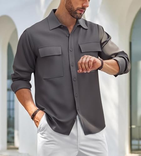 Alex Vando Mens Button Down Shirts Two Pockets Long Sleeve Casual Dress Shirt for Men