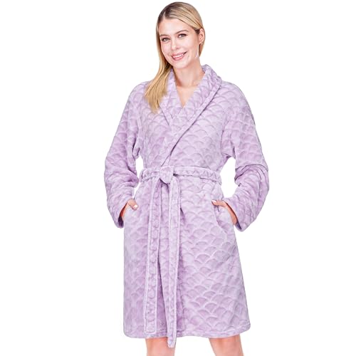Image of PAVILIA Plush Robe for Women, Soft Fleece Short Bathrobe, Warm Lightweight Knee Length Lounge Robe with Pockets