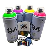 Montana Colors MTN 94 Peinture en spray fluorescent, 4 couleurs (violet, fuchsia, jaune, vert), 400 ml chacune, avec 3 buses de rechange