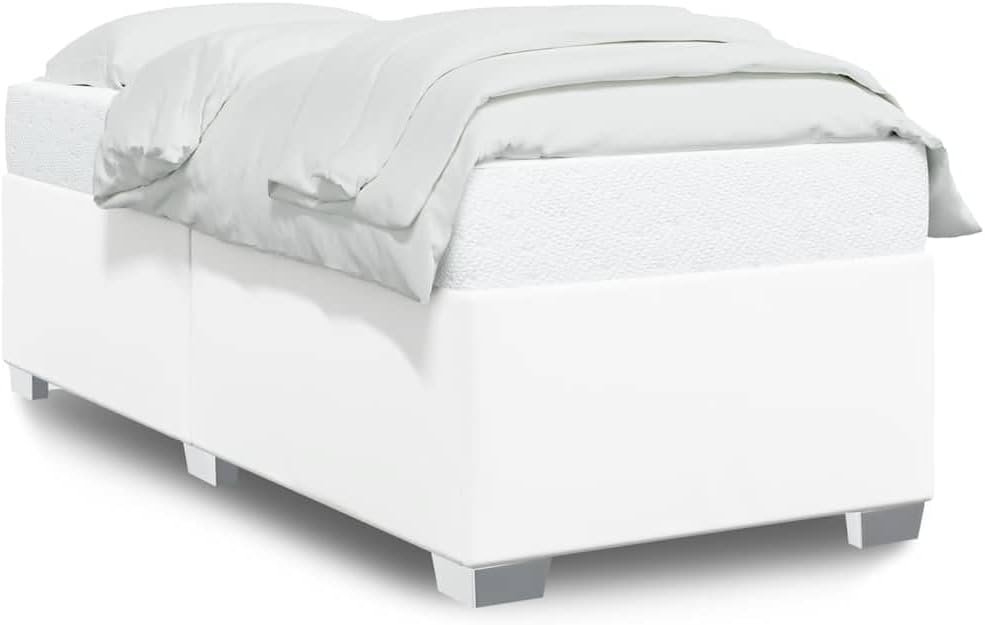 Twin XL Bed Frame White Faux Leather with Sturdy Slatted Platform, Durable Engineered Wood Foundation, Modern Minimalist Bedroom Furniture for Mattress Support and Easy Assembly