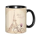 reyawdf Taza Original Personalizada,Texto de Bonjour Paris con torre Eiffel y bicicleta. Postal,330ml, Cerámica, Regalo Creativo para Café, Té, Regalo de Cumpleaños y Navidad - Apta para Lavavajillas