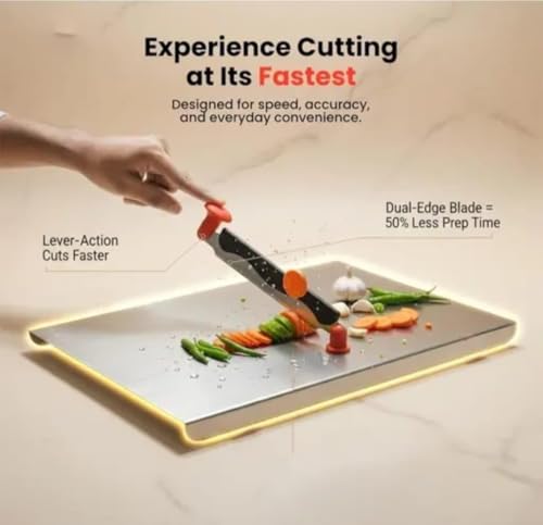 Image of Stainless Steel Chopping Board with Knife Attached, Large | Steel Cutting Board for Kitchen, Vegetable Chopping Board