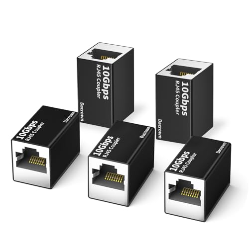 Dacrown RJ45 Ethernet Coupler 10Gbps 5 Pack Extender Adapter for Cat8 Cat7 Cat6 Cat5 Cat5e Ethernet Cable 328ft Long Distance High Speed Connector Female to Female Aluminum Alloy Black
