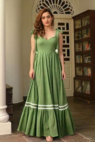 Image of Women's Elegant Long Maxi Gown with Shoulder Ribbon Tie-Up, Stylish & Trendy - Fit and Flare Sleeveless Square Neckline Western Dress, Casual Dress for Women