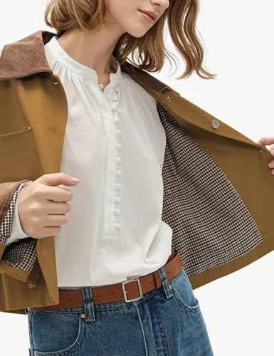 Womens Cropped Jacket Contrast Collar Long Sleeve Button Coat Casual Short Outwear with Pockets3