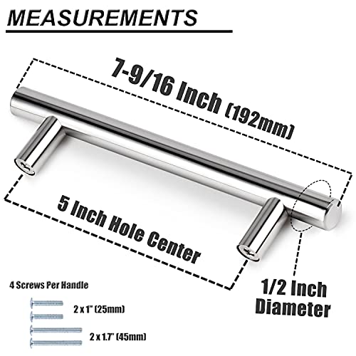 Image of Probrico 10 Pack|5 Inch Hole Centers Polished Chrome Cupboard Pulls T Bar Kitchen Cabinet Handles, Round Tube Dresser Pulls Stainless Steel Cabinet Hardware, 7-1 /2 inch Total Length