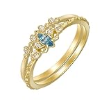 Musihy Anillo de compromiso de oro amarillo de 9/14/18 quilates con aguamarina creada y circonita cúbica para mujer, Aguamarina sintética Moissanita