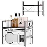 Erweiterbares Mikrowellen Regal 2 Stufig,Premium Mikrowellen Organizer Höhenverstellbar (32-42cm) - Erweiterbares Regal 40-60cm, 6 Haken, Schwarzes Bäckerregal aus Stahl, Einfache Montage ohne Bohren
