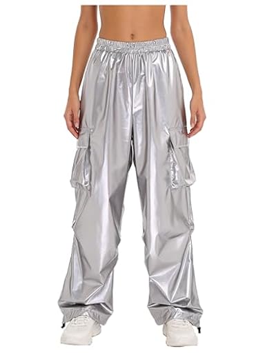 Nyeemya Pantalones Cargo de Brillante Metálico para Adulto Pantalones Largos de Holgados de Cintura Elástica para Baile Moderno Festival De Música Plateado M | Ya disponible en tu tienda friki favorita! En mundofriki.es!