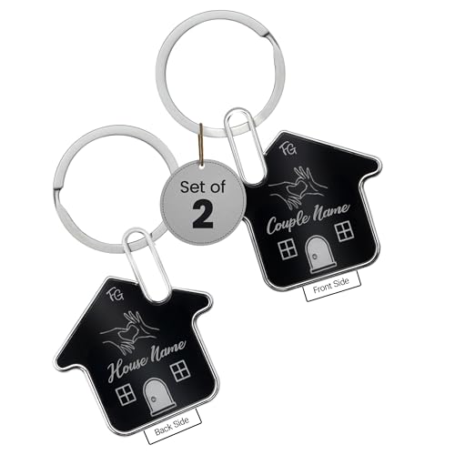 Image of Couple Keychain Set with Name & House Engraving - Custom Keychains for Him & Her | Personalized Name Tag Key Chain Pair, Matching Couple Key Tags, Customized Home Keyring Set | Gift Box Included
