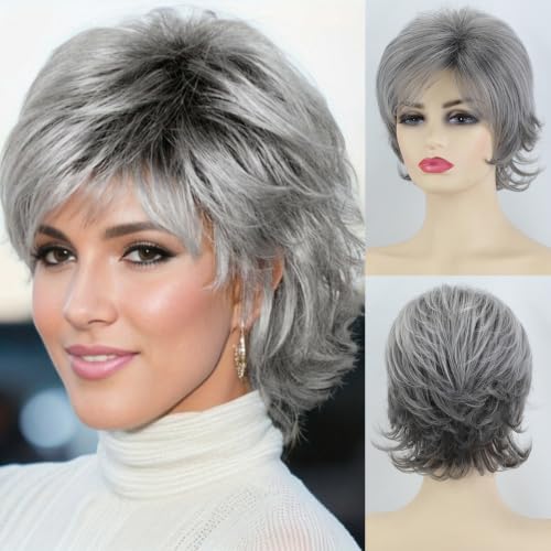 TISHINING Gray Curly Short Layered Wigs for Women with Bangs Ombre Grey Pixie Cut Synthetic Daily Wear Wigs for Older Women