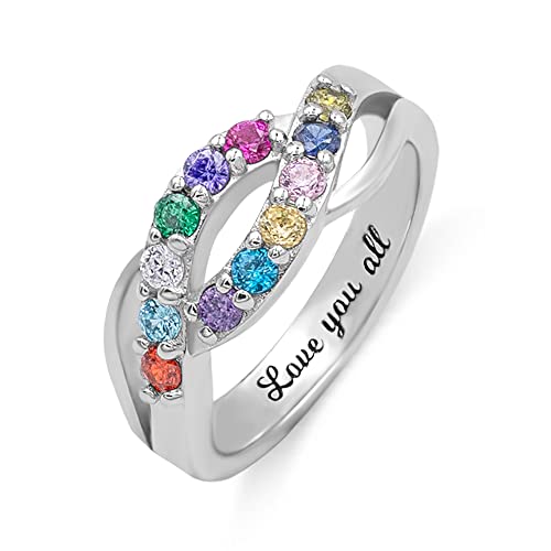 AILIN Custom Wave Shape Mother Rings 925 Sterling Silver Personalized 1-12 Birthstone Rings For Women Inside Engraved Anniversary Ring For Her Christmas Birthday Gifts For Grandma