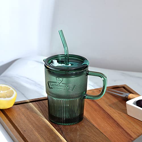 Joeyan Glass Coffee Cups Tumbler With Handle Lid And Straw,Smoothie Iced Coffee Tea Glasses Mug,Green Colored Drinking Jar For Water Juice Beverages Soda Milk,15Oz,Set Of 2,Dishwasher Safe #TOP2