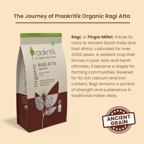 Image of Praakritik Organic Sprouted Ragi Atta Flour 500g, Goodness of sprouted Ragi, 100% Organic & Natural, Fibre, Protein & Nutrient rich flour