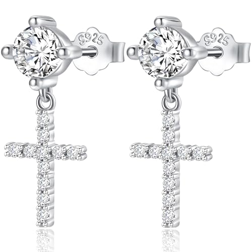Sterling Silver Cross Earrings, Hypoallergenic Dangle Cross Hoop Stud Earrings for Women Men