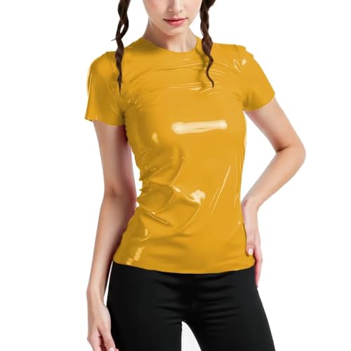 T-shirt en cuir PVC à col rond et grande taille pour femme