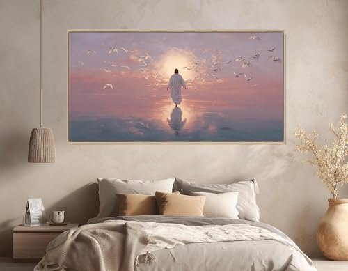 Tableau de Jésus marchant sur l'eau 50x100 cm : une toile religieuse de prestige avec cadre