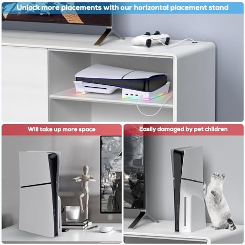 Horizontal Stand with RGB LED Light for New PS5 Slim Console,Stand Holder Accessories with 14 Light Modes and 4-Port USB Ports for Sync&Charge,Non-Slip Base for Playstation 5 Slim Disc&Digital Edition