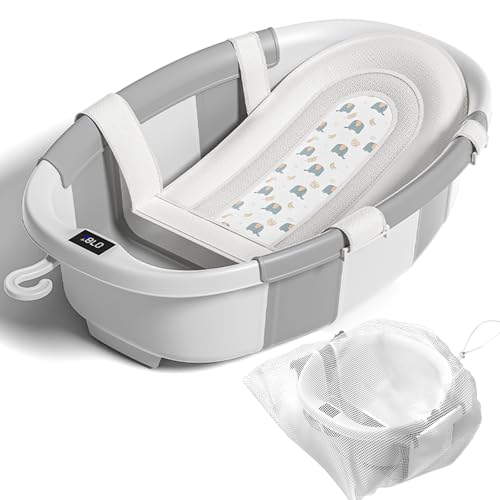 Collapsible Baby Bathtub with Soft Cushion and Thermometer Newborn to Toddler Tub 0-36 Months with Toy Storage Mesh Bag Portable Travel Bath for Infants (Grey)