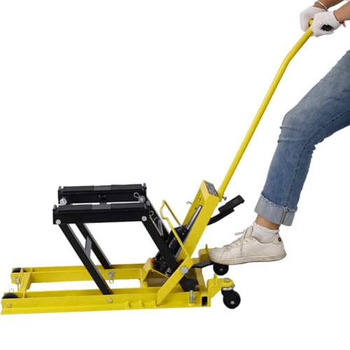 Image of Hydraulic Motorcycle Lift Jack, 1500 LBS Capacity Foot-Operated Motorcycle Lift Table, ATV Scissor Lift Jack with 4.5 inch - 15 inch Lifting Range, Portable Motorcycle Lift Table with Wheels Yellow