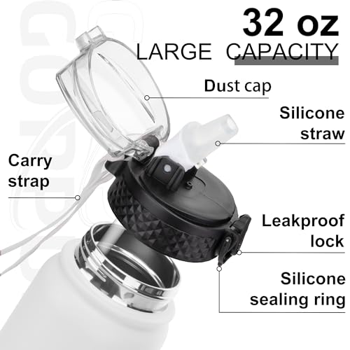 GOPPUS 1L/32oz Stainless Water Bottle with Straw Double Wall Insulated Bottles with Strap Reusable Vacuum Thermal Flask Leakproof Keep Cold Drinks Bottles with Flip Top Lid for Gym Men Women BPA Free - Image 3