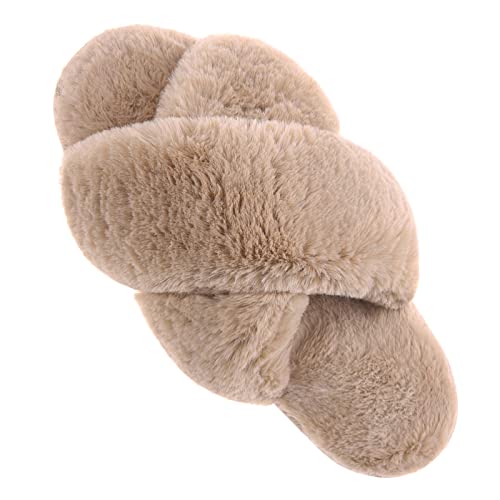 VONMAY Women's Fuzzy Slippers Cross Band Faux Fur Open Toe House Shoes