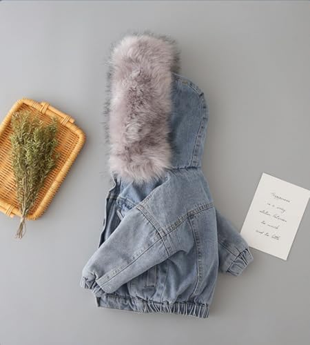 Girls' Classic Faux Fur Collar Denim Jacket Hooded Thicken Fleece Lined Jean Coat Plush Winter Hoodie Outwear3