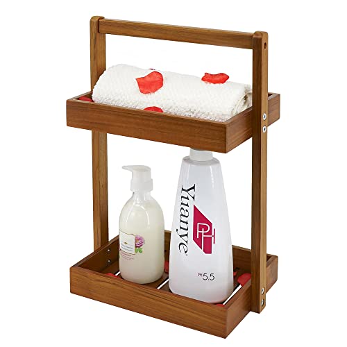 Utoplike Esquina de ducha de madera de teca, organizador de baño de 2 niveles, estante de ducha de pie con asa, cesta de ducha de pie para champú, estante para ducha interior, escritorio de cocina Cover