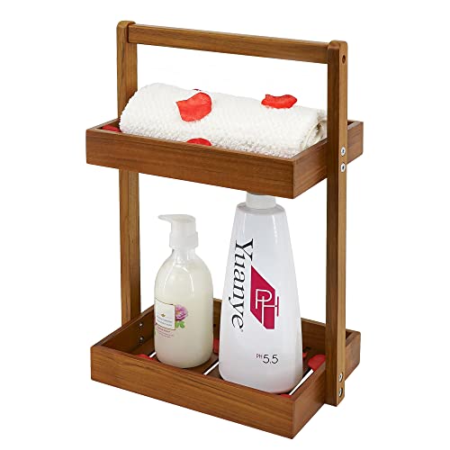 Utoplike Duschregal aus Teakholz, Ecke, 2 Etagen, Badezimmer-Organizer, Arbeitsplatte, stehendes Duschregal mit Griff, stehender Duschkorb für Shampoo, Regal für Innendusche, Küche Desktop