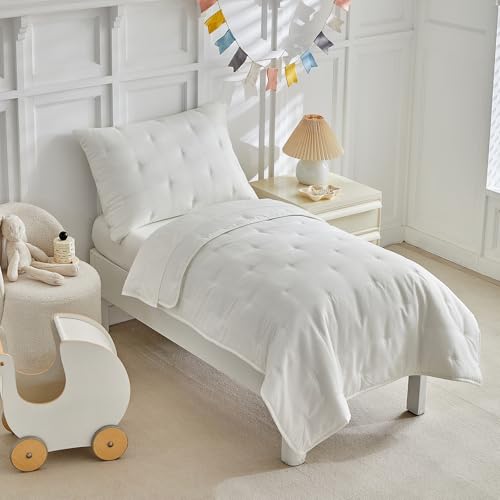 Image of DuShow White 4 Pieces Toddler Bedding Set for Boys Girls,Embroidery Microfiber Crib Bed Sheets Set Soft Boho Comforter Set Bed in a Bag, Include Quilted Comforter,Flat Sheet,Fitted Sheet,Pillowcase