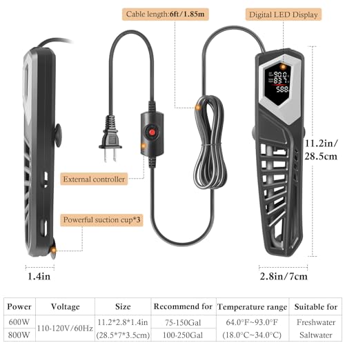 Image of HITOP 600W Titanium Aquarium Heater: Digital Fish Tank Heater with External Controller, Submersible Aquarium Heater with Over-Temperature Protection for Saltwater and Freshwater 75-150Gallon