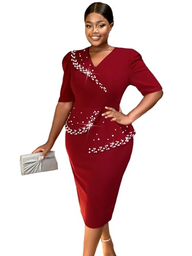 AOMEI Women's Half Sleeve V Neck Asymmetric Beads Peplum Bodycon Business Work Dress