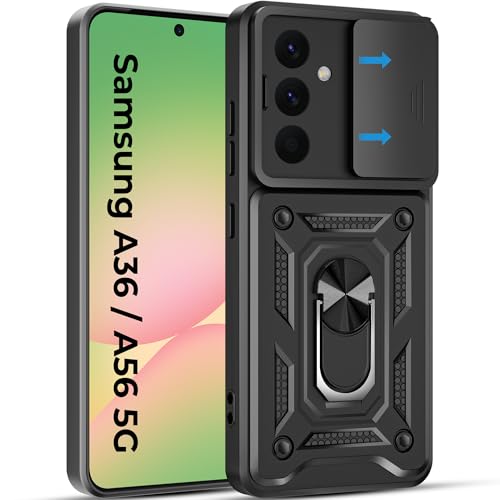 Image of A rtistque Armor Bumper Back Case Cover for Samsung Galaxy A36 | Stylish Ring Holder & Inbuilt Stand | Sliding Camera Cover | Shockproof TPU Protective Design | Samsung A36 Back Cover - Black