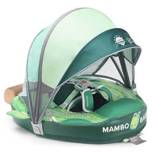 Image of Mambobaby Float Upgrade Add Tail Baby Float with Canopy for Infant Waist Swimming Ring Swim Trainer Non-Inflatable Floats Toys with Adjustable Safety Strap (Green - Crocodiles)