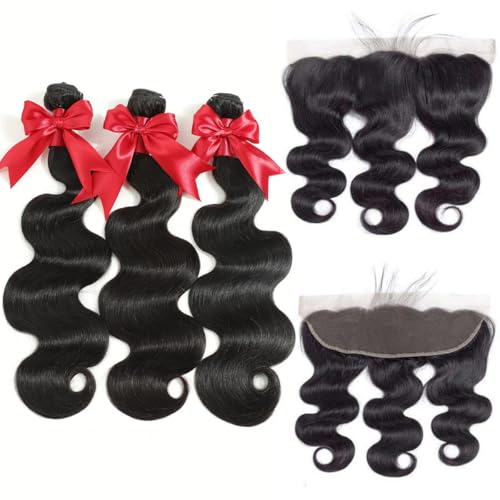 12A Human Hair Bundles with Frontal 10 12 14 with 10 Inch Brazilian Body Wave 3 Bundles Human Hair with 13x4 HD Lace Frontal Closure 100% Unprocessed Virgin Human Hair Weave