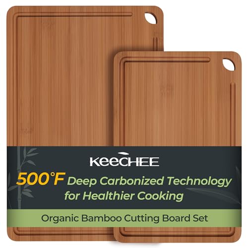 Keechee Butcher Block 2-Pcs Carbonized Bamboo Cutting Board Set With Juice Groove For Meal Prep &...