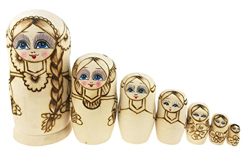 Winterworm Juego de 7 piezas trenzas largas para niña, muñecas Matryoshka, muñeca Babushka, muñecas tradicionales rusas de anidación, juguete apilable de madera, regalo para niños