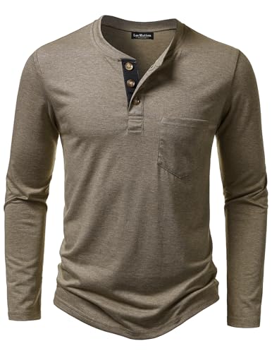 LucMatton Mens Lightweight Henley Shirt Casual Stretch Slim-Fit Long-Sleeve T-Shirt with Pocket Khaki Large