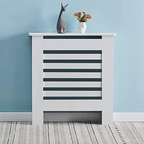 OFCASA Medium Radiator Cover White Painted Radiator Cover Vertical Slatted Wood Heating Cabinet for Living Room Hallway 109cm