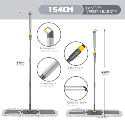 Myiosus Bodenwischer, Wischmopp, 90cm Breit Flachmopp mit 154cm Edelstahlgriff, 360° Drehgelenk,...