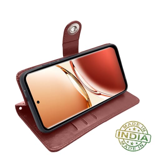 Image of Pikkme Flip Cover Leather Finish | Inside TPU with Card Pockets | Wallet Stand and Shock Proof | Complete Protection Button Flip Case for Oppo F27 Pro Plus 5G (Brown)