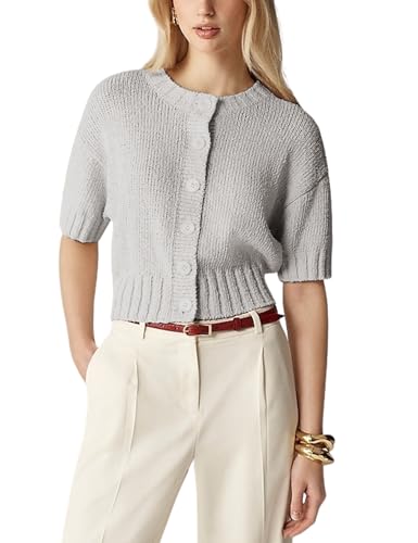 Womens 2025 Lightweight Cardigan Short Sleeve Knit Button Down Cropped Pullover Ribbled Sweater