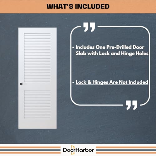 24\" x 80\" Interior Wood Door Slab, 2-Panel Louver, Right Handing, Solid Core, White Primed, with Pre-Drilled Holes, for Closet, Pantry, Bedroom, and Office Door Use (Not Prehung)