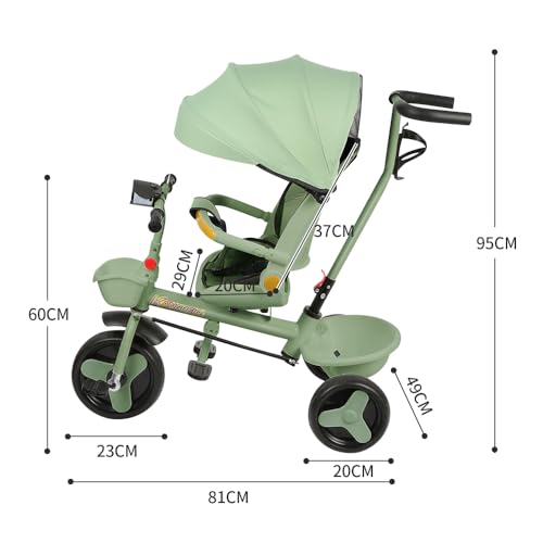 Baby-Dreirad, mitwachsendes Dreirad, 5-in-1-Dreirad mit Schiebestange von 18 Monaten bis 25 kg, Velo Bebe 1 Jahr, skalierbar, Licht und Musik + Drehsitz + Sitz- und Schrägdesign (grün) – Bild 3